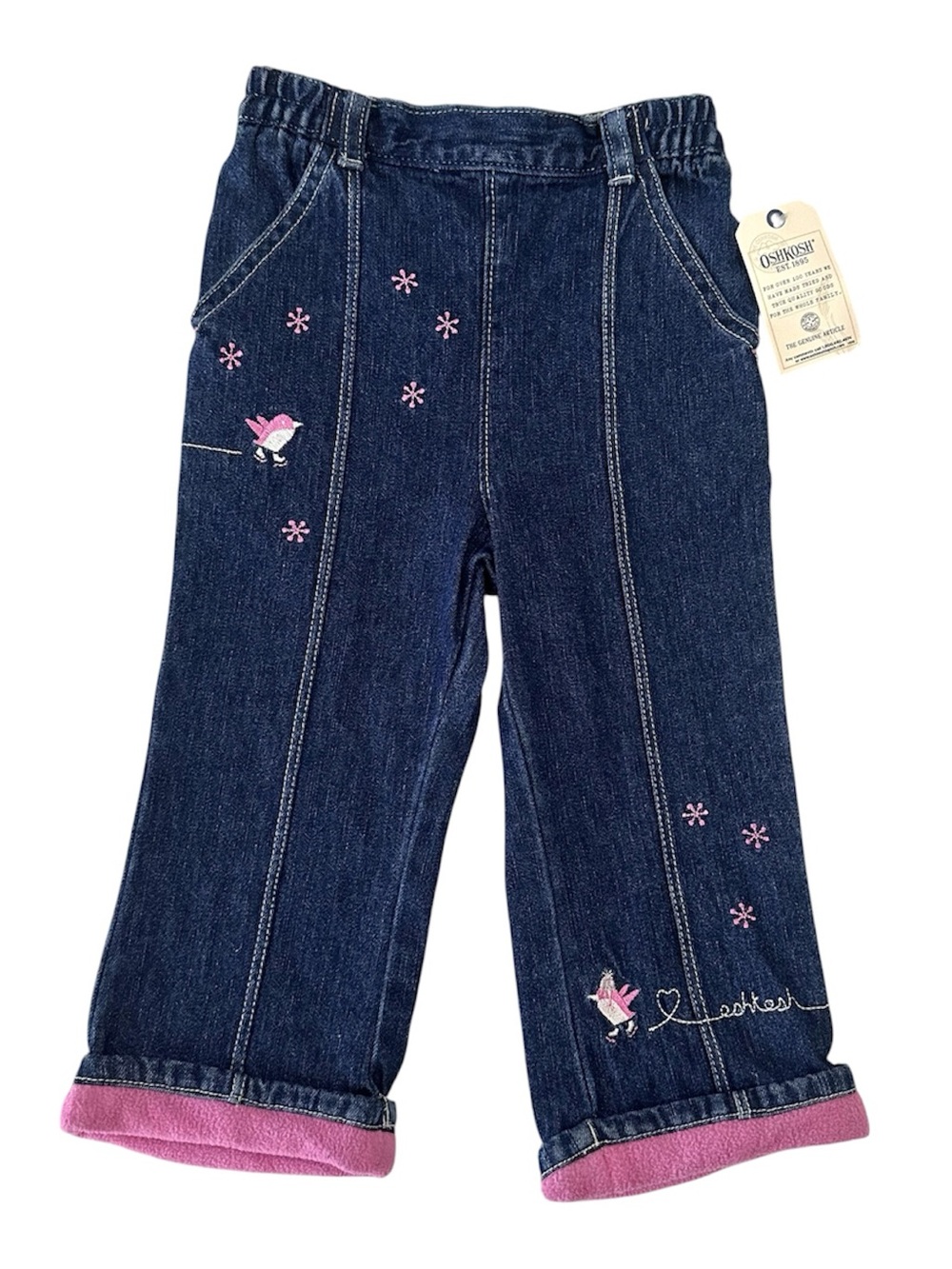 OshKosh Vintage NWT Pink Fleece Cuff Embroidered Dark Wash Denim Jeans 24 Months